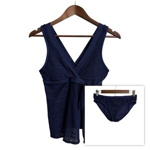 Anne Cole 2 piece bikini set women's small navy blue beach coastal nautical wrap